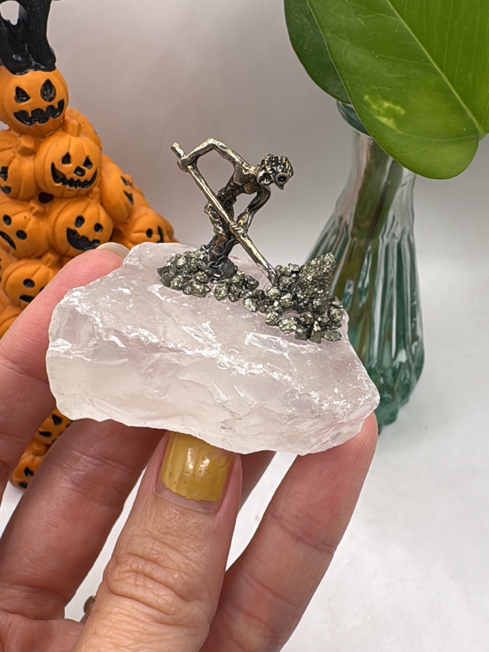 Handcrafted Silver Miner Figurine on clear quartz Decorative Accent